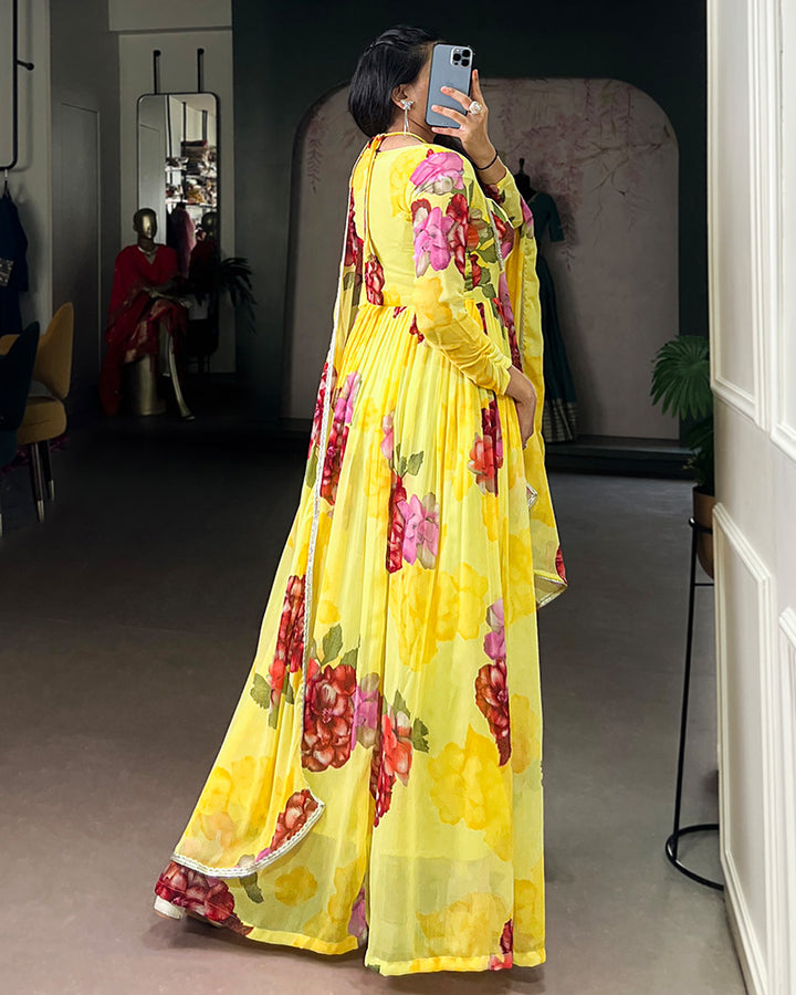 Yellow Color All Over Floral Printed Chiffon Gown
