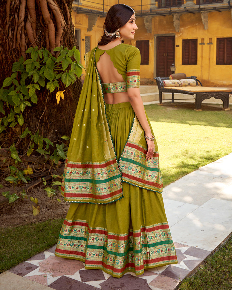 Mehndi Color Pure Nylon Chanderi Plain Half Saree