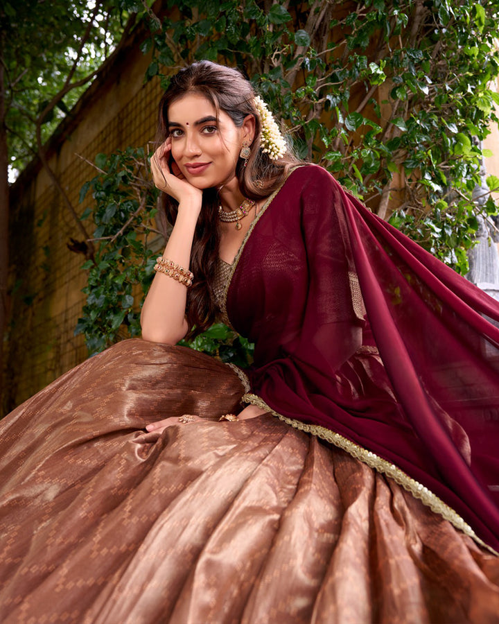 Peach Color Dupion Silk Zari Weaving Half Saree