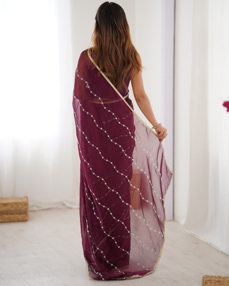 Wine Color Smooth Sitara Embroidered Saree