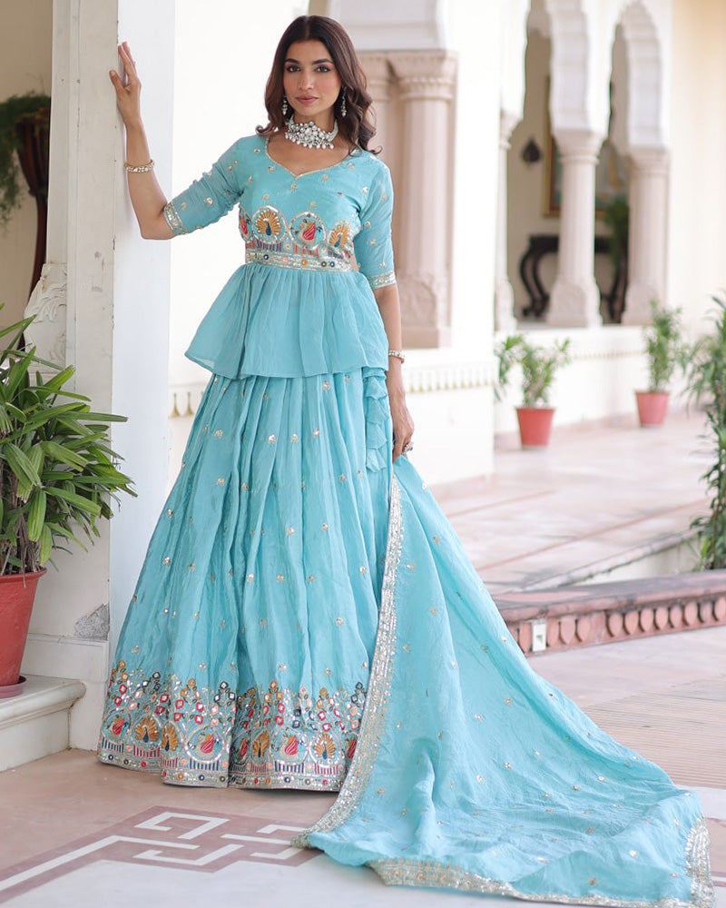 Sky Color Gold Crush Embroidered Lehenga Choli