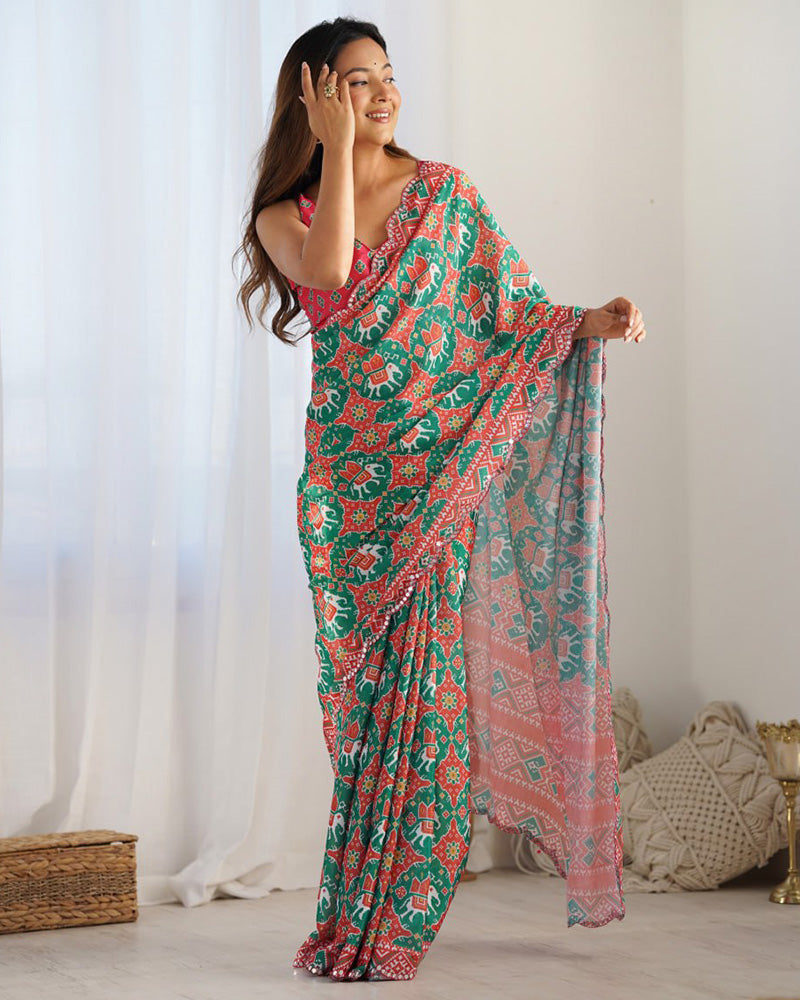 Bottle Green Color Chinnon Silk Saree