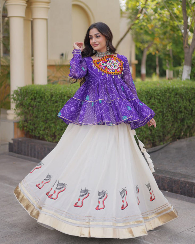 Purple Color Bandhani Printed With Kora Cotton Lehenga