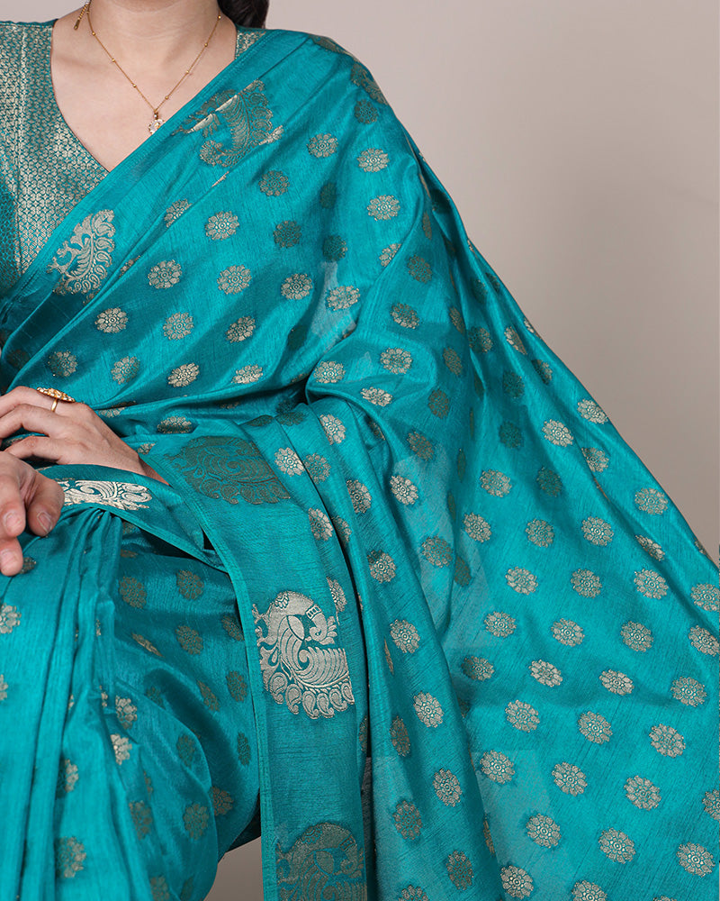 Firozi Color Roop Silk Zari Weaving Saree