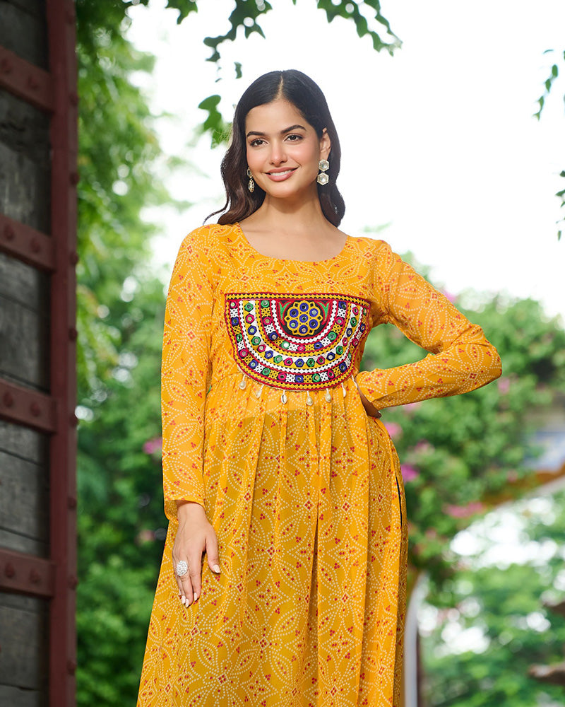 Festive Yellow Georgette Printed Kurti With Gamthi Patchwork