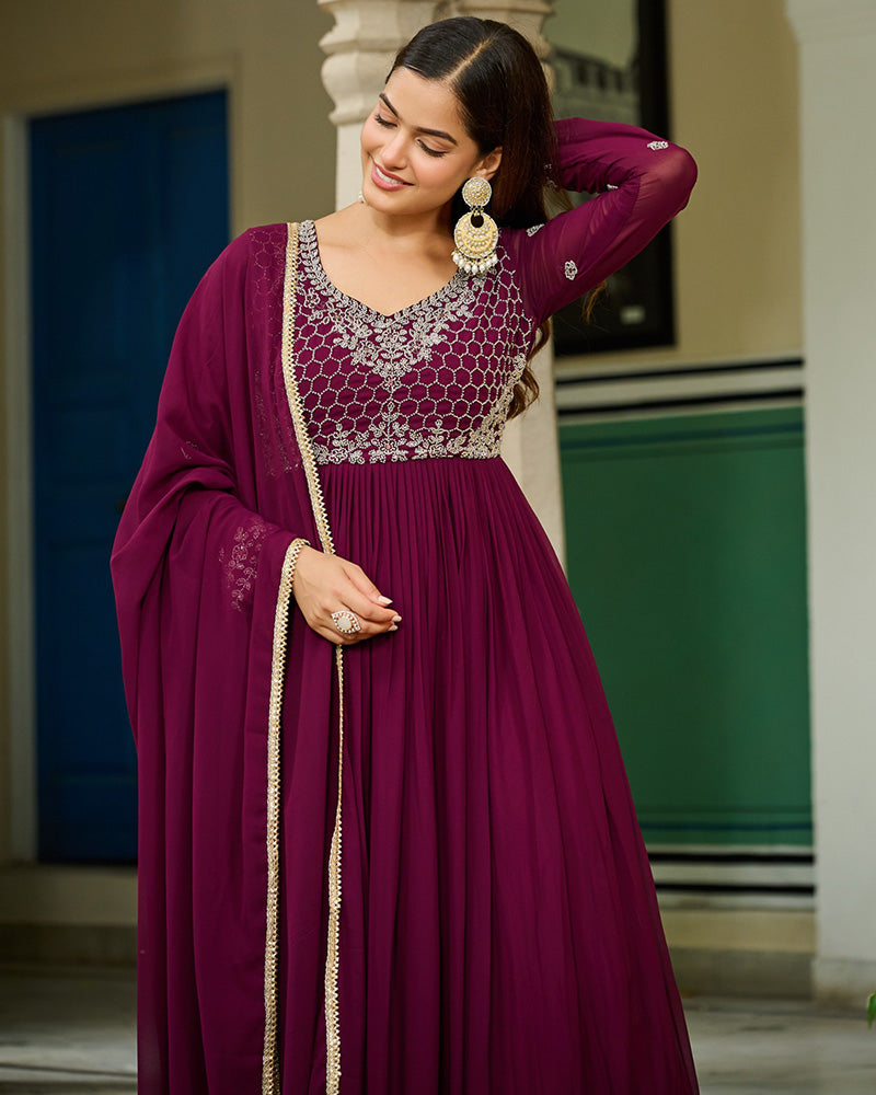 Wine Color Faux Blooming Beads Embroidered Gown