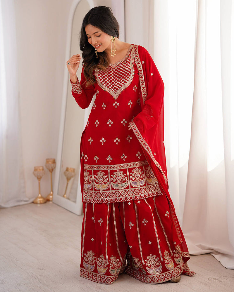 Royal Red Color Faux Georgette Embroidered Plazzo Suit