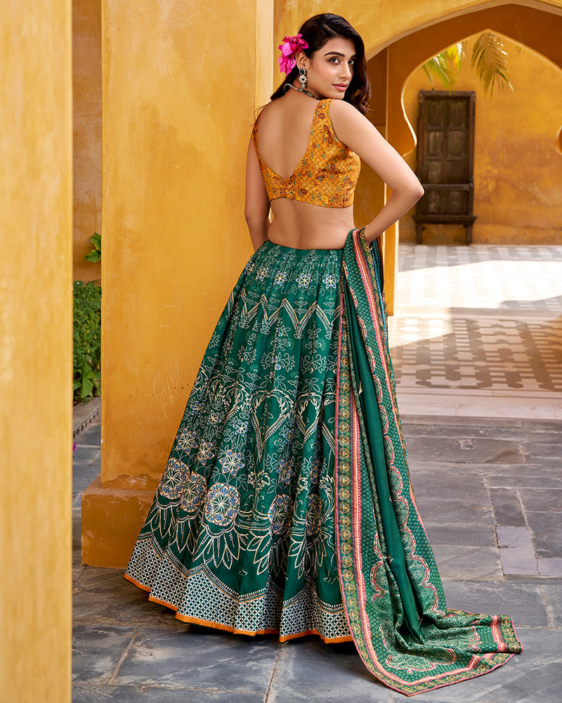 Bottle Green Color Vichitra Silk Printed And Embroidered Lehenga Choli