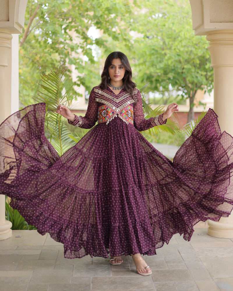 Four Color Georgette Bandhani Printed Navratri Gown