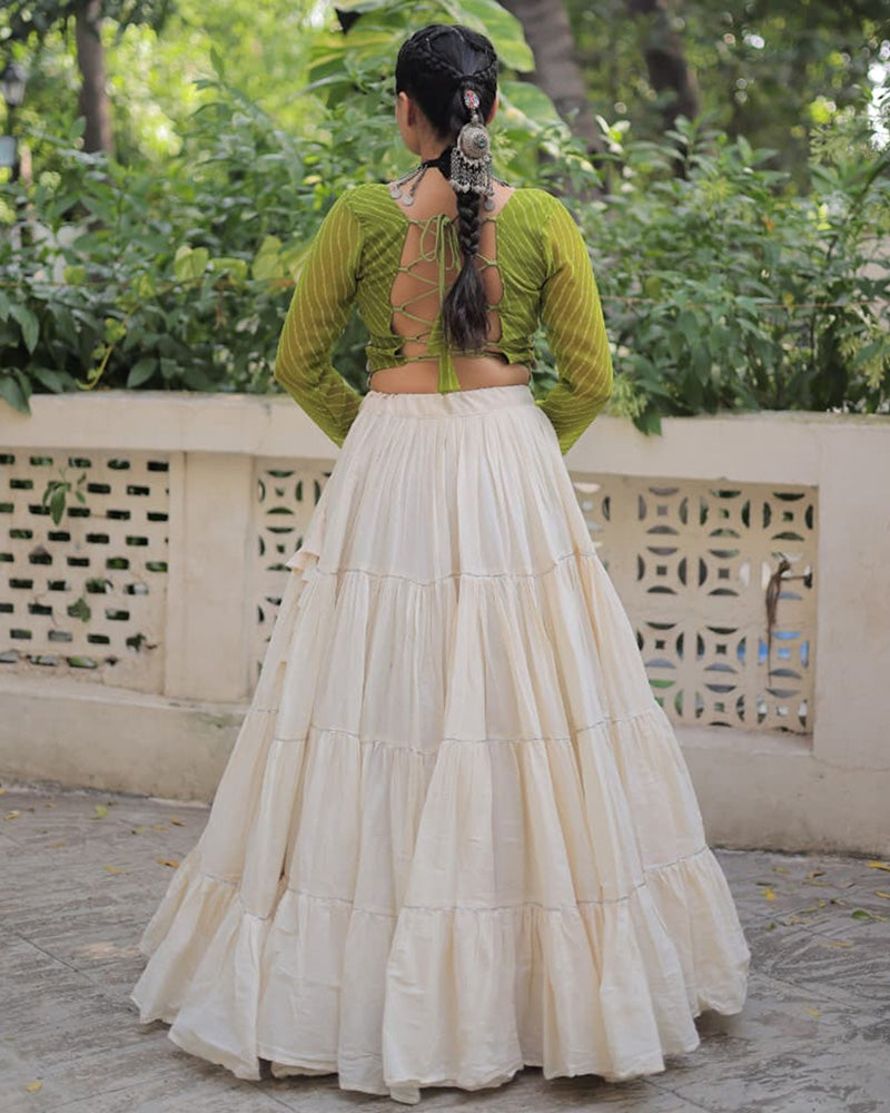 Parrot Green Color Laheriya Print Kurti With Kora Cotton Lehenga