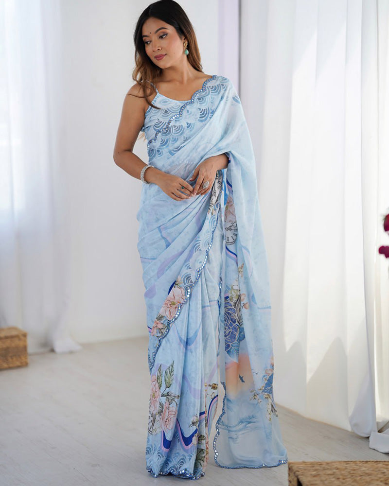 Ocean Color Chinnon Silk Mirror Work Saree