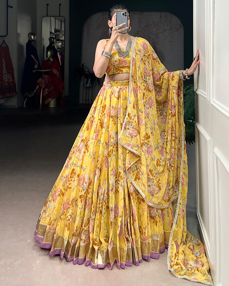 Yellow Color Chiffon Printed Lehenga Choli