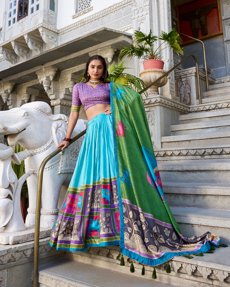 Sea Green Color Tussar Silk Kalamkari Printed Lehenga Choli