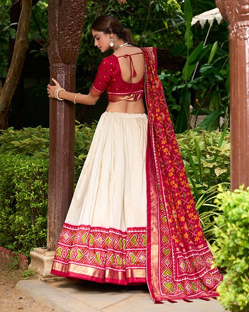 Red Color Tussar Silk Patola Printed Lehenga Choli