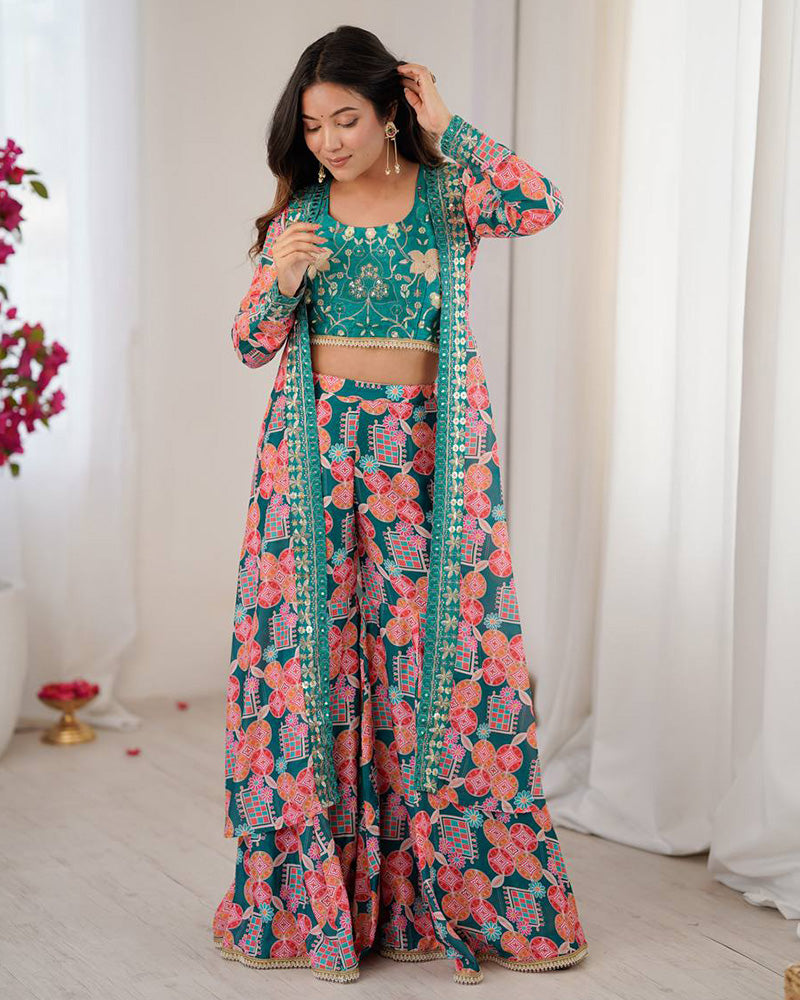 Bottle Green Color Muslin Cotton Printed Plazzo Suit