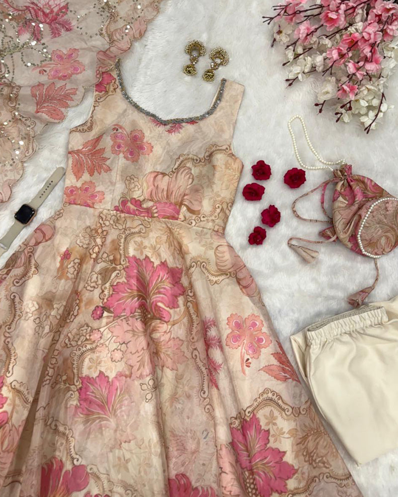 Off-White Color Digital Printed Soft Organza Anarkali Suit