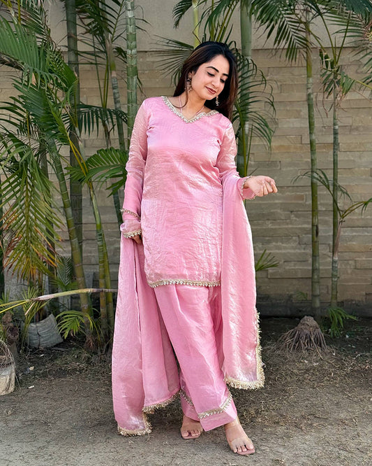 Baby Pink Color Fendi Satin Silk Kurti Suit