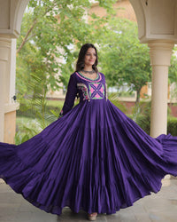 Two Color Kora Cotton with Multi Thread Embroidered Navratri Gown