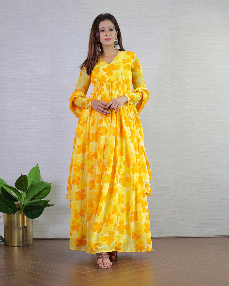 Yellow Color Georgette Three Piece Anarkali Suit