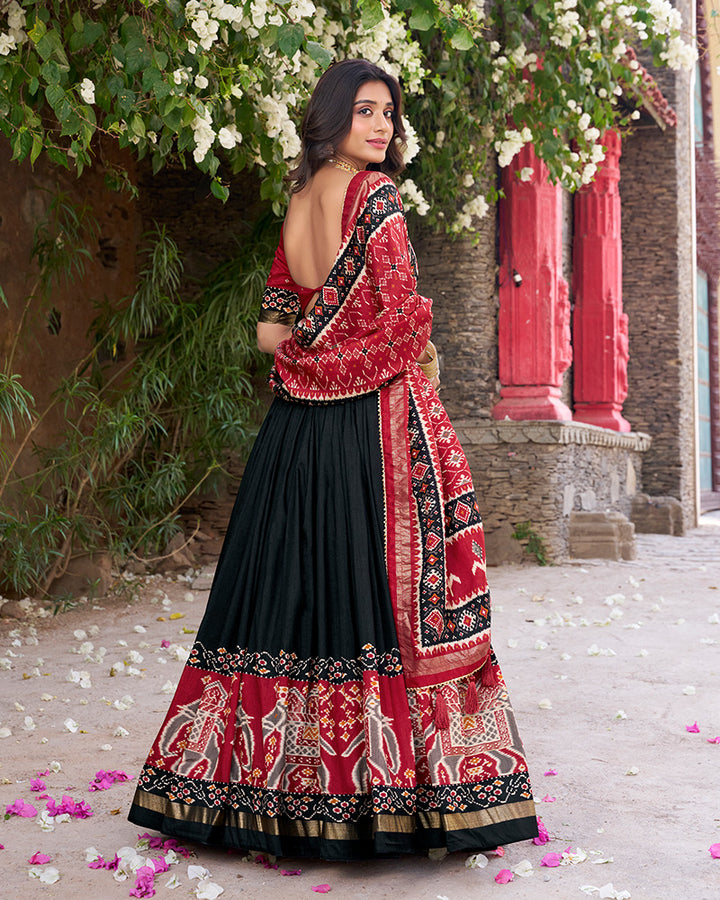 Designer Patola Printed Black Color Tussar Silk Lehenga Choli
