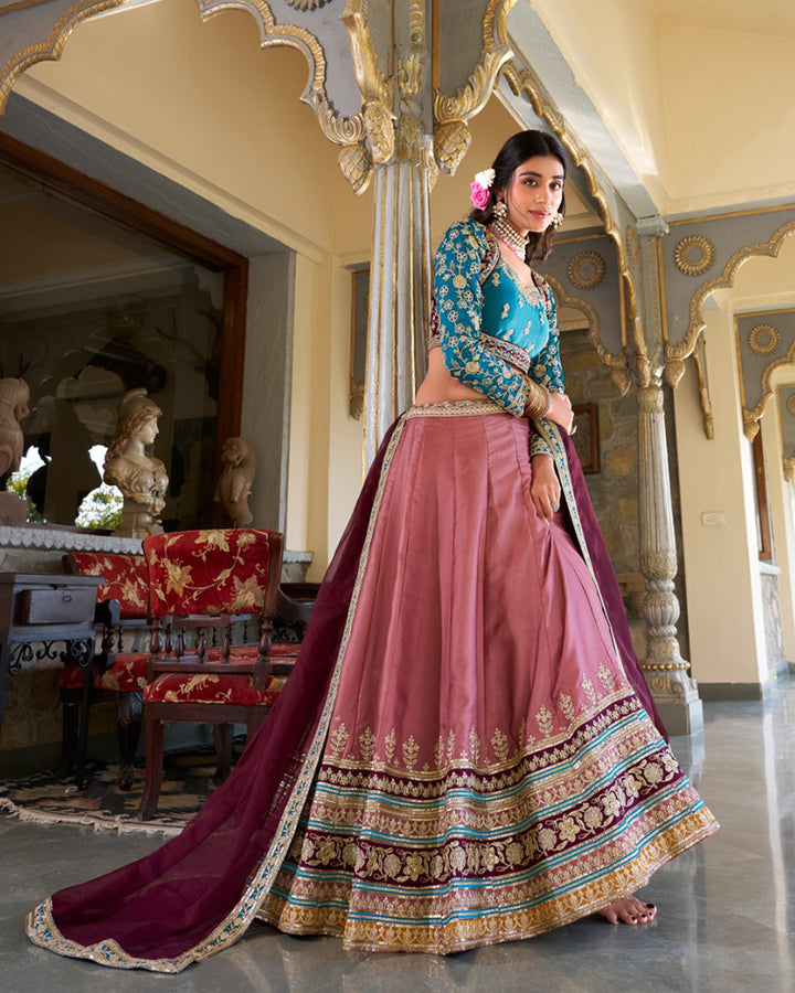 Peach Color Moonga Silk Embroidered Lehenga Choli