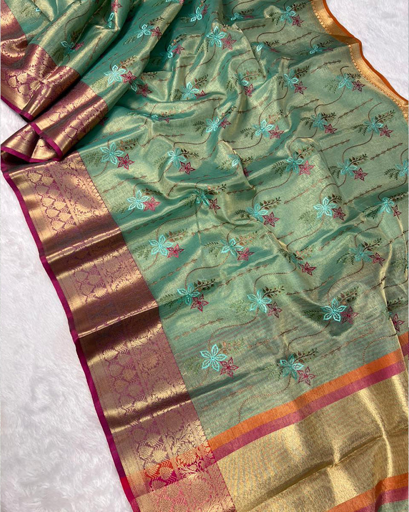 Sea Green Color Tissue Silk Floral Embroidered Saree