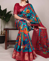 Firozi Color Tasar Silk Ethnic Printed Saree