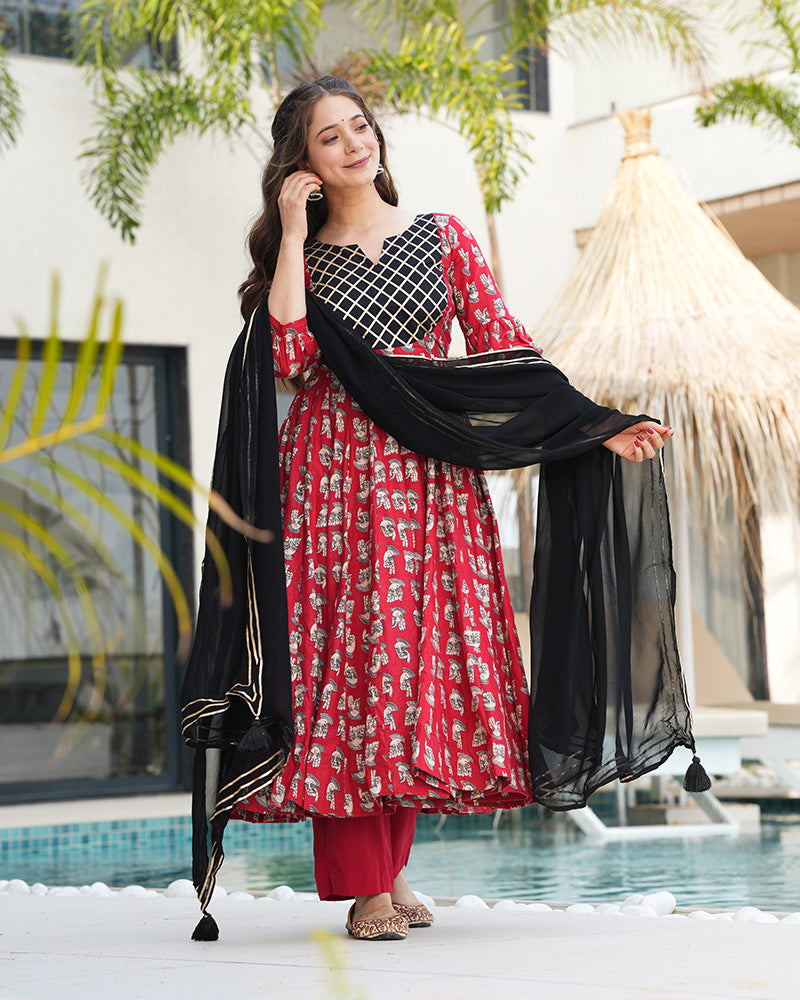 Red And Black Color Printed Pure Cotton Anarkali Suit