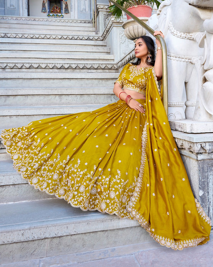 Mustard Color Vichitra Silk Thread Embroidered Lehenga Choli