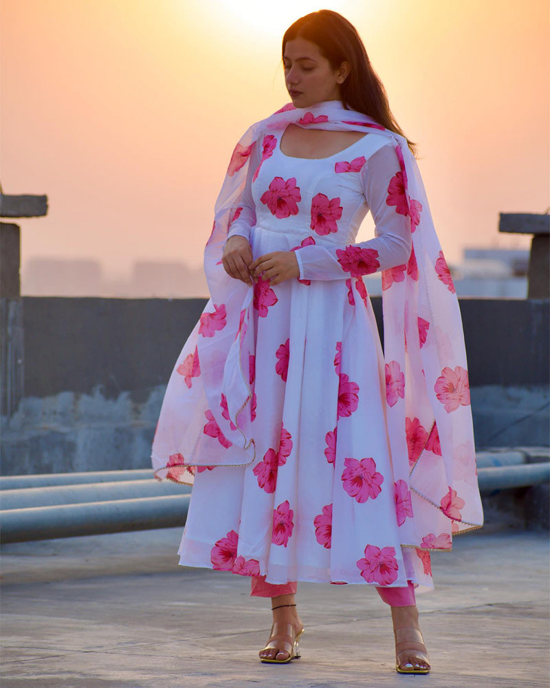 Sonia Verma White Rose Colour Three Piece Organza Tebby Anarkali Suit