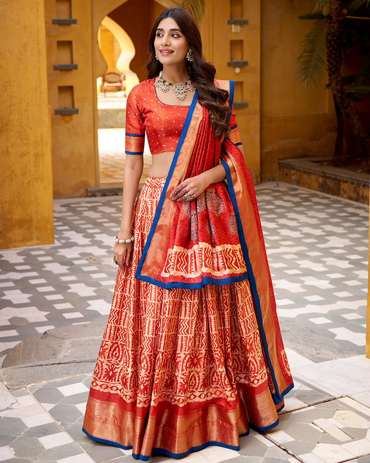 Rust Orange Color Dola Silk Batik Printed Lehenga Choli