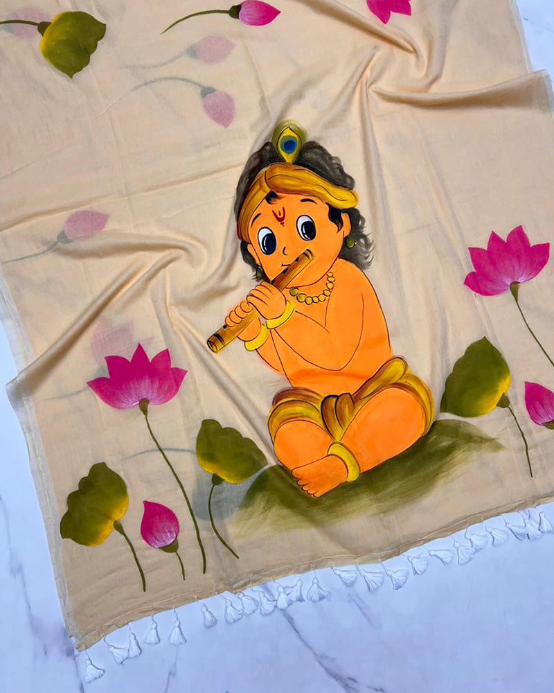 Cream Color Pure Mal Cotton Krishna Printed Saree