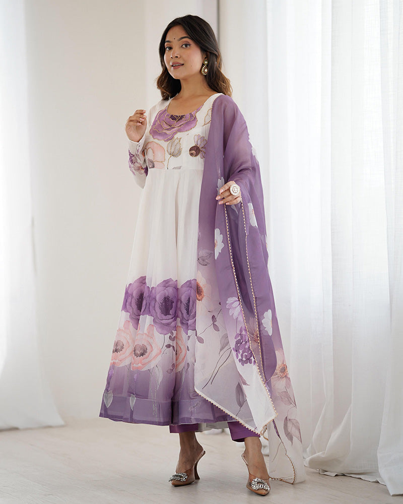 Violet Color Floral Pure Soft Tebby Organza Three Piece Anarkali Suit