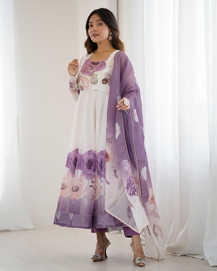 Violet Color Floral Pure Soft Tebby Organza Three Piece Anarkali Suit