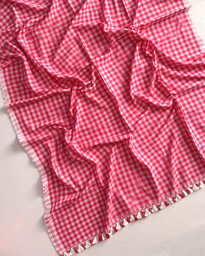 Pink Color Pure Mal Cotton Chex Printed Saree