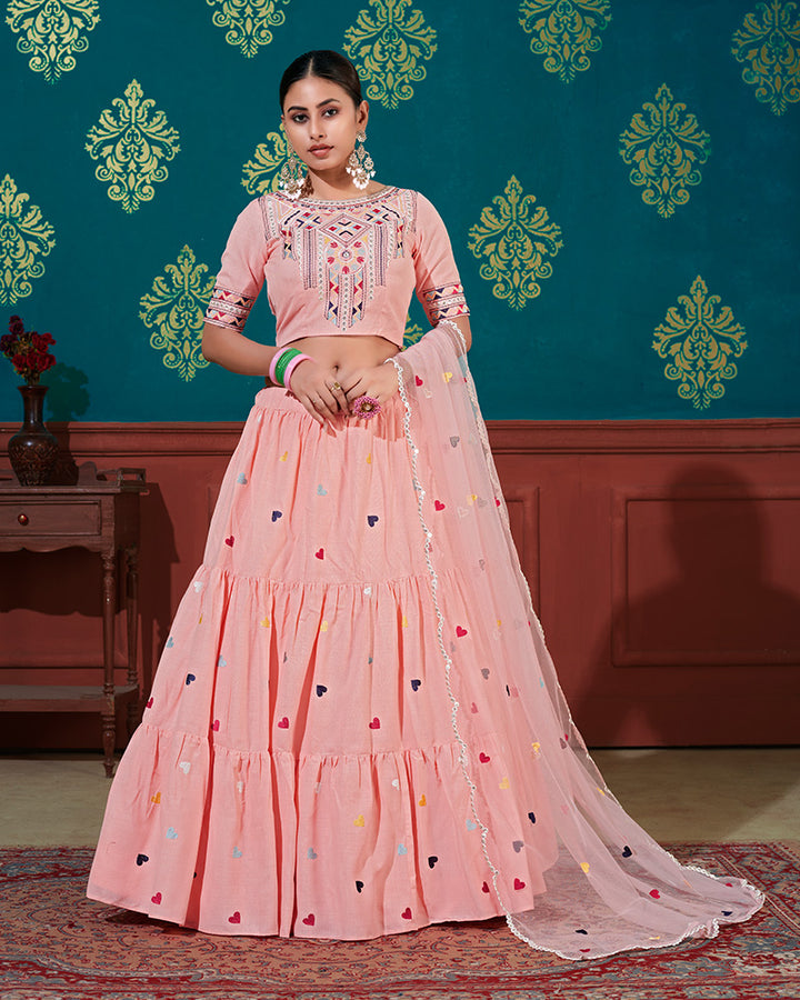 Peach Color Thread Embroidered Cotton Semi Stitched Lehenga Choli