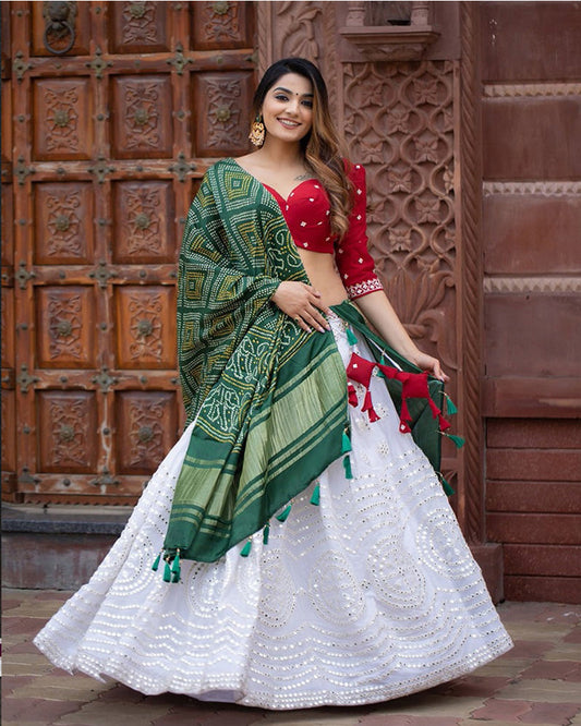 White Color Georgette Paper Mirror Work Lehenga Choli