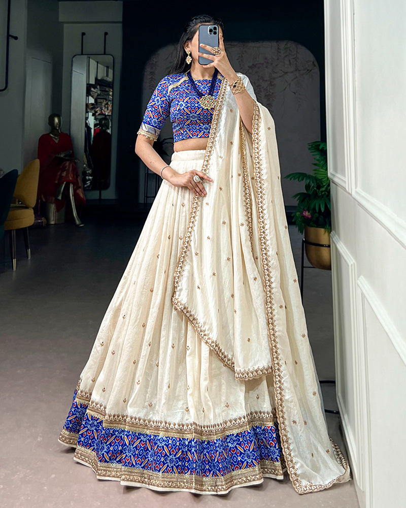 Off-White Color Vichitra Silk Sequence Embroidered Lehenga Choli