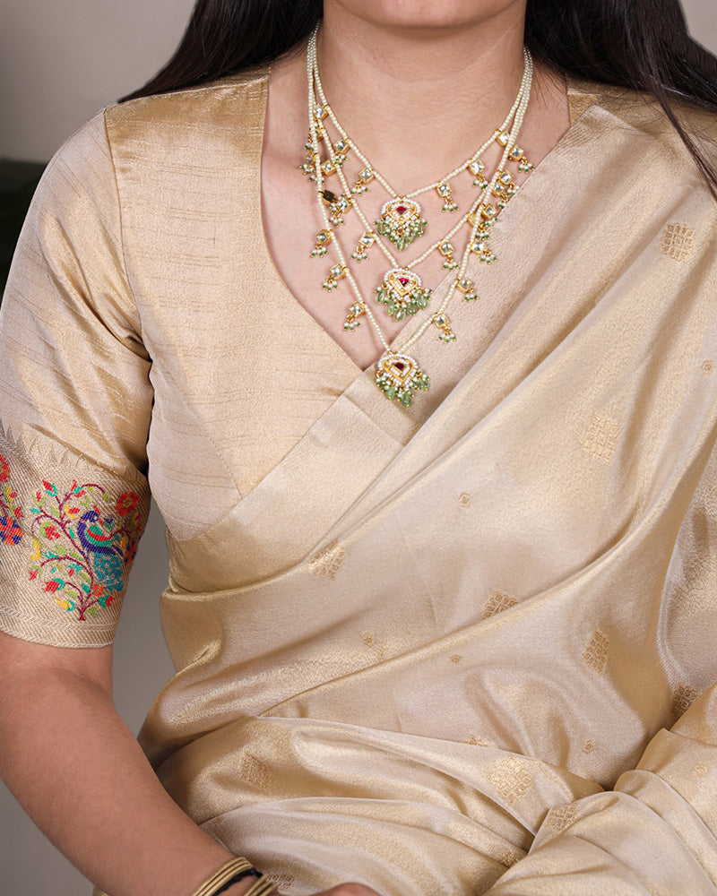 Cream Color Zari Weaving Tissue Paithani Saree