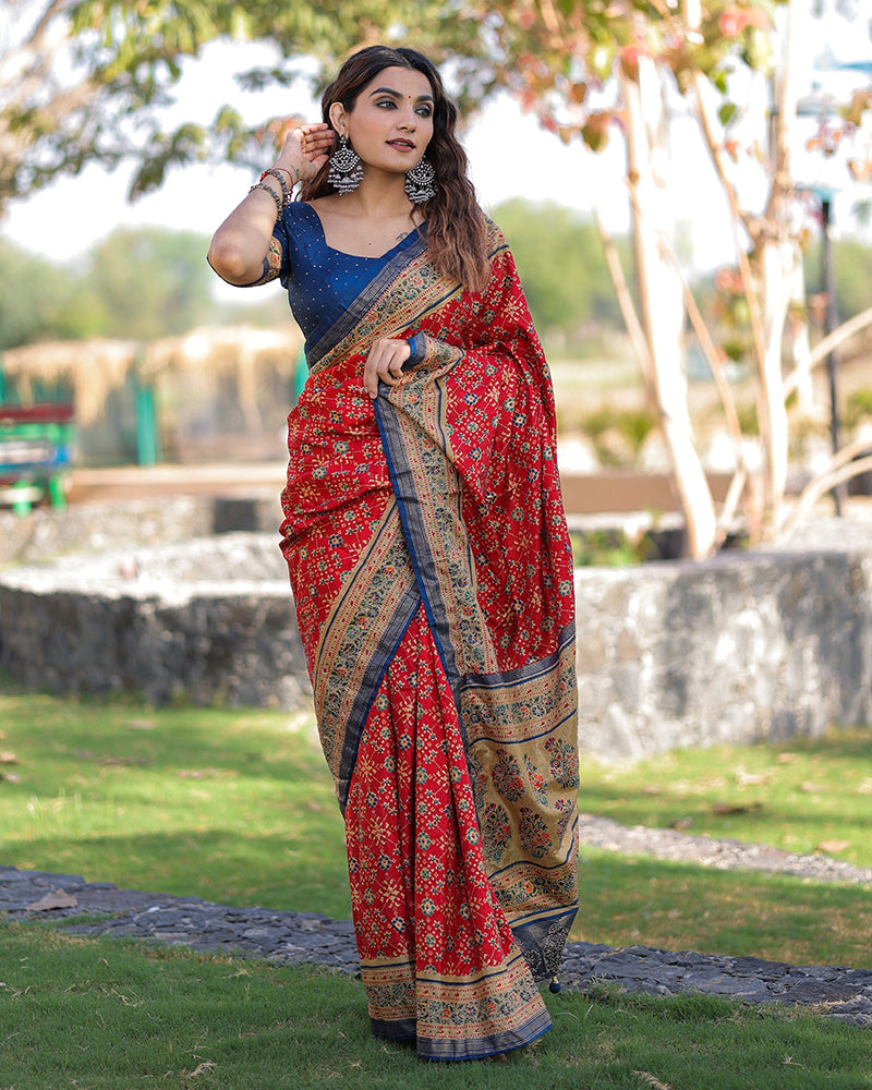 Red Color Dola Silk Foil Printed Saree