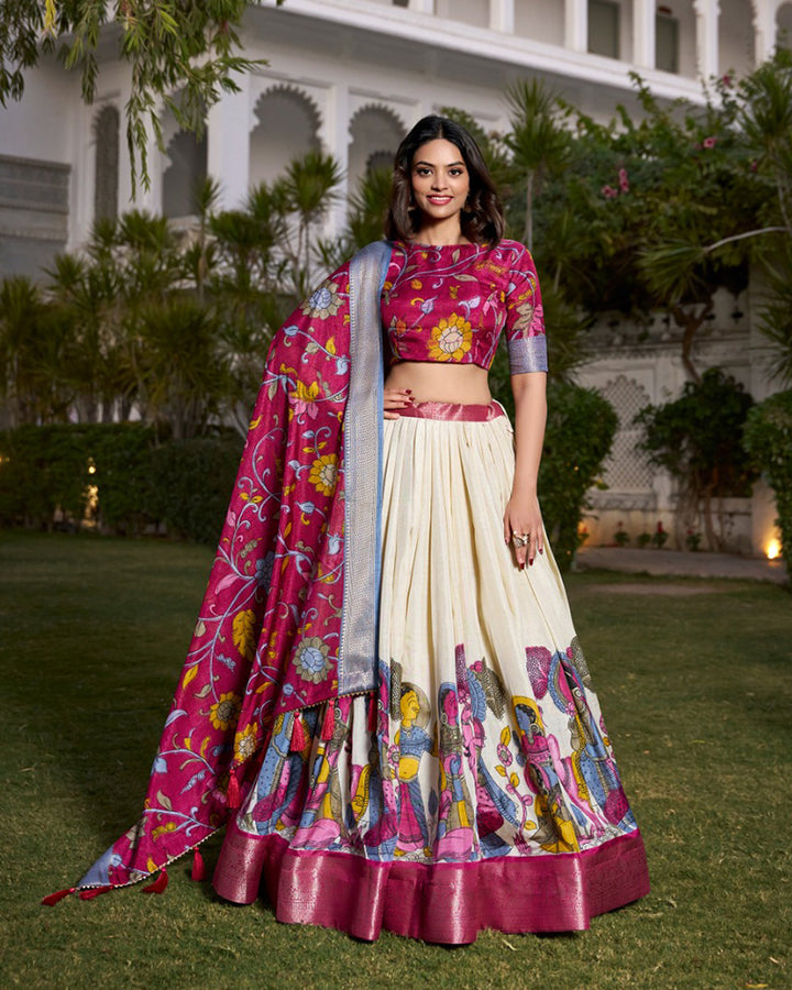 Off-White Color Dola Silk Kalamkari Printed Lehenga Choli