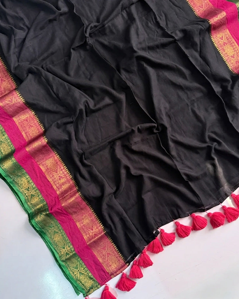 Elegance Black Color Mal Cotton Kanchivaram Saree