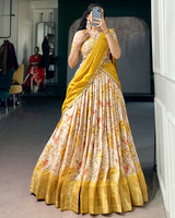 Yellow Color Dola Chex Floral Printed Half Saree