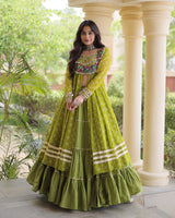 Parrot Green Color Bandhani Printed Kurti With Kora Cotton Lehenga Choli
