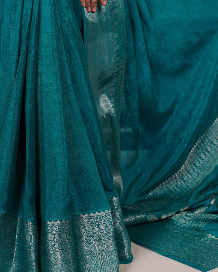 Bottle Green Color Chinon Self Printed Saree