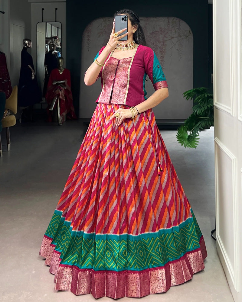 Red Color Tasar Silk Laheriya Printed Lehenga Choli
