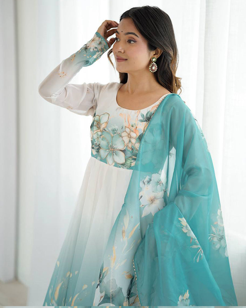 Aqua Blue Floral Print Organza Three Piece Anarkali Suit