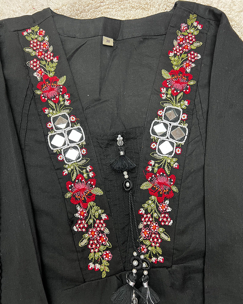 Black Color Mal Cotton Three Piece Kurti Suit