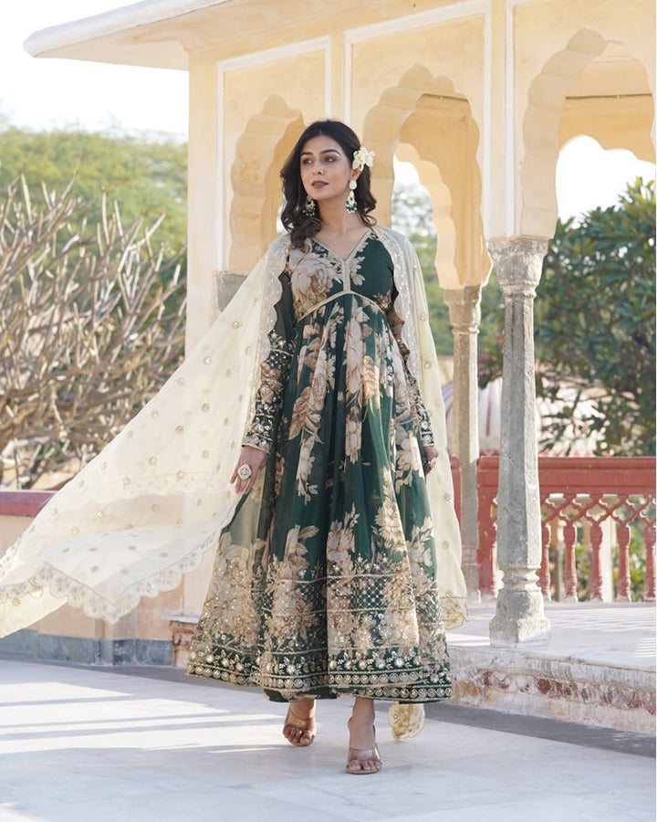 Designer Wedding Wear Printed Olive Green Color Gown With Dupatta