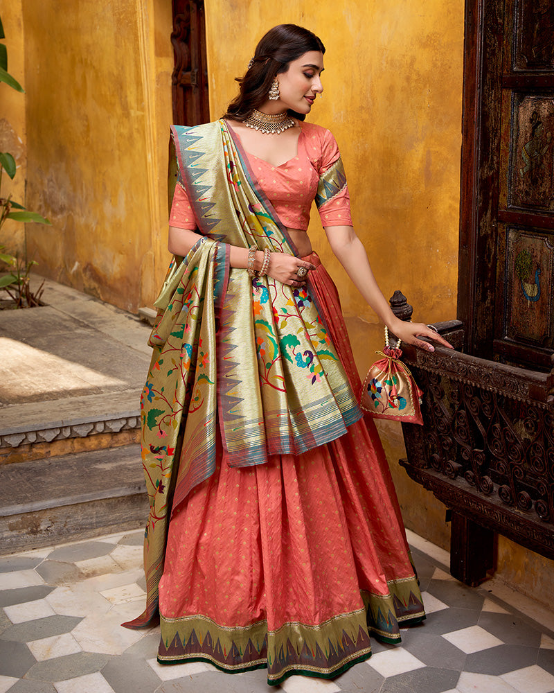 Peach Color Paithani Silk Zari Weaving Lehenga Choli